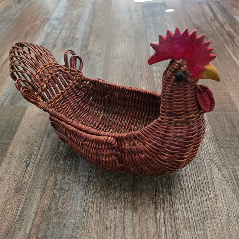 Rooster Woven Basket Wooden Comb Beak Brown Farmhouse Wicker